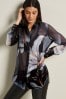 Navy Blue Lily Placement Print Gold Button Detail Sheer Long Sleeve Shirt