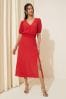 Friends Like These Bright Red Puff Sleeve Ruched Waist V Neck Midi Summer Dress, Regular