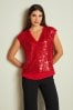 Red Short Sleeve V-Neck Sequin Top