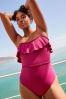 Fuchsia Pink Frill Plaited Bandeau Tummy Shaping Control Swimsuit