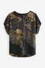 Black Animal Print Gathered Short Sleeve Textured Boxy T-Shirt, Regular