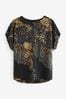 Schwarzer Animalprint - Gerafftes Strukturiertes Kurzarm-Boxy-T-Shirt, Regular​​​​​​​