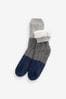 Blue Grey Block Cable Slipper Socks