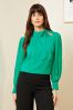 Black Love & Roses Long Sleeve Tie Neck Shirred Cuff Blouse, Petite