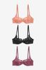 Black/Terracotta/Rose Pink Non Pad Balcony Lace Bras 3 Pack, Non Pad Balcony