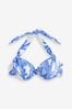 Blau/Weiß mit Blumendruck - Gepolstertes, figurformendes, verdrahtetes Neckholder-Bikini-Top