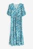 Blue Floral Ruffle Detail Puff Sleeve Midi Dress