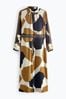 Black/Brown/Ecru Cream Cow Print Long Sleeve Column Midi Dress