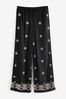 Black Embroidered Wide Leg Trousers With Linen, Regular