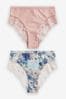 Blue Floral Print/Blush Pink High Rise Lace Trim Knickers 2 Pack, High Rise