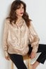 Rose Gold Tie Neck Long Sleeve Blouse, Regular