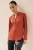 Rust Brown Long Sleeve Overhead V-Neck Relaxed Fit Blouse, Regular