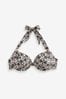 Ecru/Black Foil Woodblock Padded Shaping Wired Halter Bikini Top