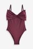Wine Oversized Bow Detail Tummy Shaping Control Swimsuit