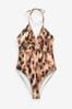 Brown Leopard Halterneck Tummy Shaping Control Swimsuit