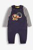 JoJo Maman Bébé Navy Elmer Appliqué Dungarees & Stripe Top Set