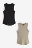 Black/Nude Cream 2 Pack Ribbed Racer Tank Vest Sleeveless Tops