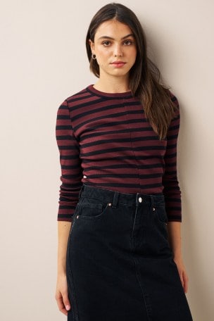 Berry Slim Fit Striped Long Sleeve Top