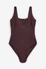 Chocolate Brown Textured Tummy Shaping Control Scoop Neck Swimsuit