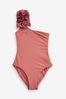 Pink Ruffle One Shoulder Tummy Shaping Control Swimsuit