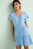 Blue Chambray Linen Blend Tiered Mini Dress, Regular