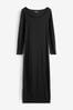 Black Scoop Neck Long Sleeve Ribbed Midaxi Dress