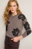 Brown and Black Sparkle Flower Pattern Cosy Crew Neck Long Sleeve Jumper