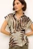 Ecru and Brown Palm Print Short Sleeve Blouse