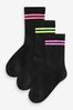 White with fluorescent stripe Cotton Rich Cushioned Sole Ankle Socks 3 Pack, Regular Length
