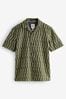 Green Textured Short Sleeve Shirt With Cuban Collar