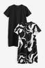 2er Pack Monochrom/Schwarz - Kurzärmeliges T-Shirt-Kleid mit Rundhalsausschnitt, Regular