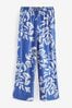 Blue/White Print Tie Waist Wide Leg Trousers with Linen, Petite