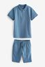 Blau - Polo-Shirt und Shorts Set mit RV-Kragen am Kragen (3-16yrs)
