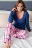 Pour Moi Blue Rib Jersey Lace Trim Henley Top & Check Trouser Pyjama Set