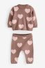 Chocolate Brown Heart Print Knitted Baby 2 Piece Set (0mths-2yrs)