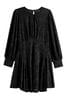 Black Floral Texture Long Sleeve Mini Dress, Regular