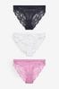 Charcoal Grey/Pink/White High Leg Lace Knickers 3 Pack