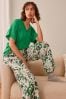 Grünes Blumenmuster - Kurzärmeliger Pyjama aus Leinenmischung