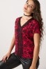 Red and Black Feather Print Short Sleeve Lace Trim Top