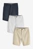 Navy Blue/Grey/Stone Slim Stretch Chinos Shorts 3 Pack, Slim Fit