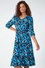 Roman Blue Petal Print Frill Hem Midi Dress