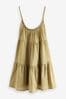 Khaki Green Mini Tiered Summer Cotton Dress, Regular