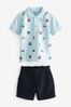Blue All Over Printed Polo Shirt And Shorts Set (3mths-7yrs)