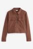 Chocolate Tan Brown Lightweight Utility Button Front Smart Jersey Shirt Jacket