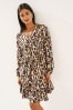 Animal Print Long Sleeve Mini V-Neck Dress, Regular