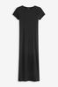 Black Ribbed T-Shirt Style Column Maxi Dress With Slit Detail, Regular
