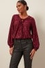 Berry Red Jacquard Long Sleeve Wrap Blouse