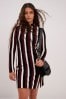 Black Red Stripe High Neck Long Sleeve Mini Dress, Regular