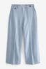 Blue Textured Linen Wide Leg Trousers, Regular