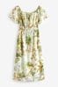 White Palm Tree Print Off Shoulder Summer Dress, Regular